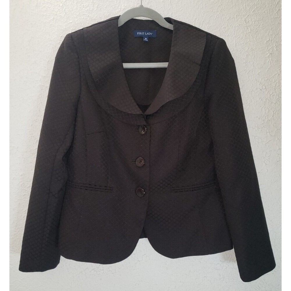 First Lady Sz 10 Women's Black Jacket Blazer Patterned Button Up Business Casual
